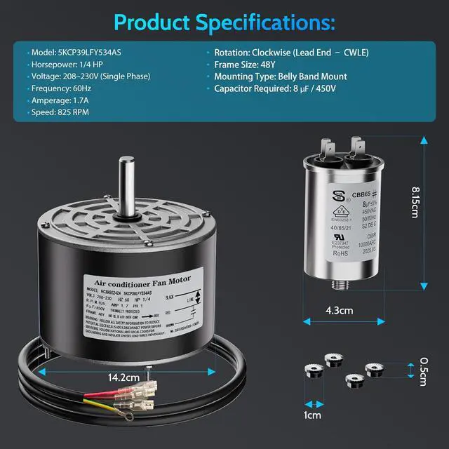 Alt view image 3 of 7 - 5KCP39LFY534AS Condenser Fan Motor Replacement for Carrier HC39GE242 HC39GE242A HB39GQ232 HB38GE242, 1/4 HP 825 RPM 208-230V 48Y Frame CWLE