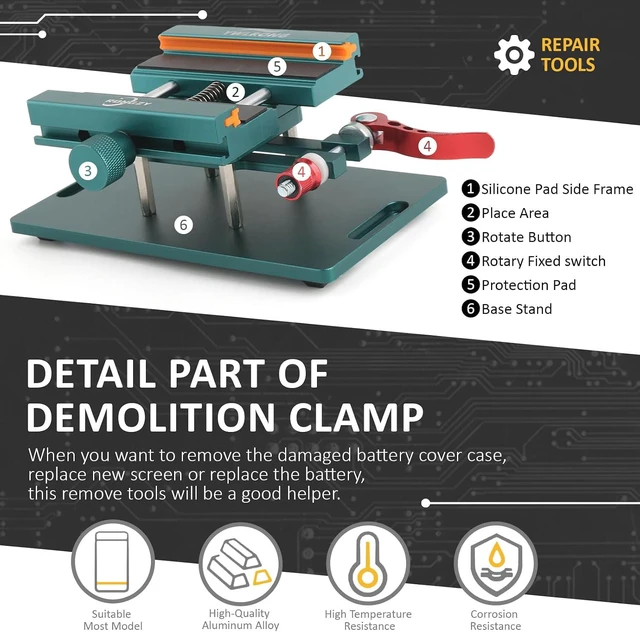 Alt view image 5 of 7 - Phone Back Cover Glass Demolition Clamp for iPhone 11 11 Pro 11 Pro Max, 12 12 Pro & 13, Rear Camera Frame Housing Cover Removal Holder Tool