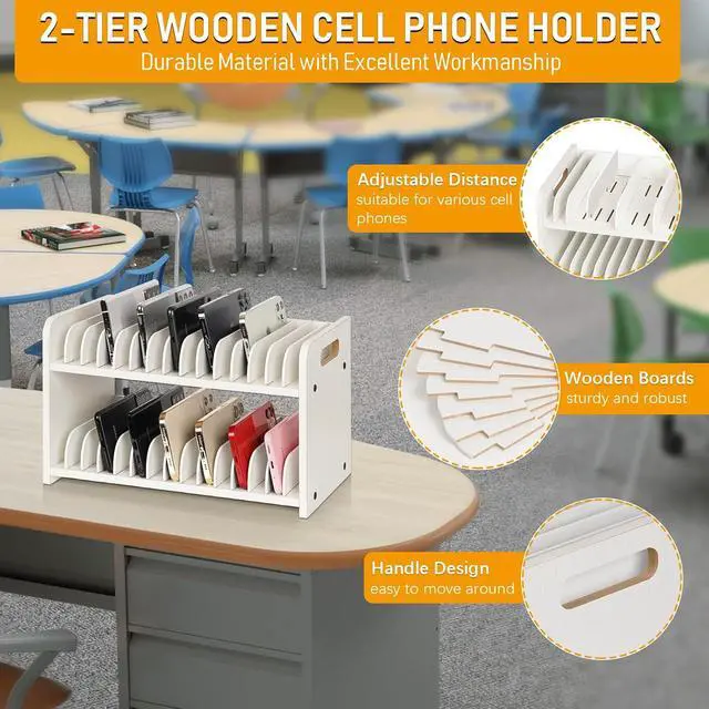 Alt view image 4 of 6 - 30-Grid Wooden Cell Phone Holder stand with 1-30 Number Stickers, White | Cell Phone Storage, Adjustable Multiple Rack Caddy Organizer Box for Classroom Office Desktop