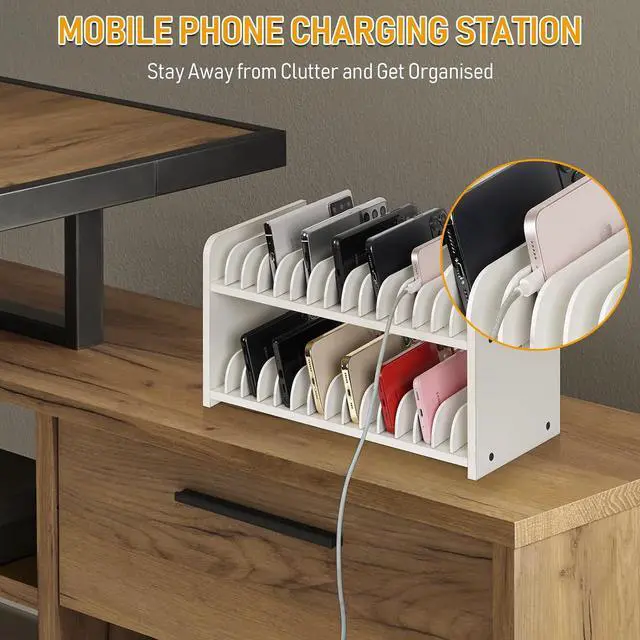 Alt view image 5 of 6 - 30-Grid Wooden Cell Phone Holder stand with 1-30 Number Stickers, White | Cell Phone Storage, Adjustable Multiple Rack Caddy Organizer Box for Classroom Office Desktop