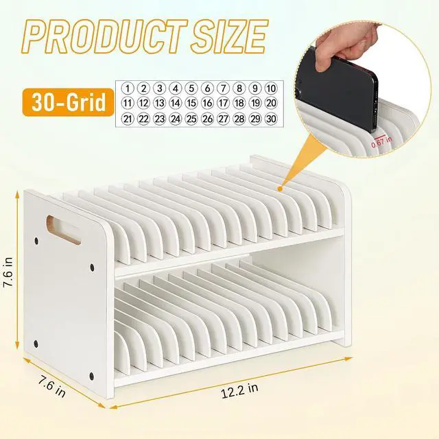 Alt view image 3 of 6 - 30-Grid Wooden Cell Phone Holder stand with 1-30 Number Stickers, White | Cell Phone Storage, Adjustable Multiple Rack Caddy Organizer Box for Classroom Office Desktop