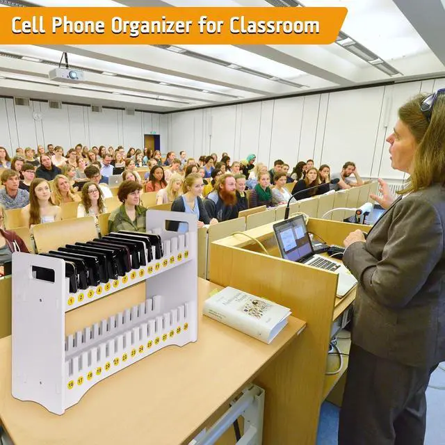 Alt view image 6 of 6 - 30 Slots Cell Phone Holder Stand with 1-30 Number Stickers, White | 2-Tier Multiple Cell Phone Stand RackPVC Board, Mobile Phone Holder Desktop Organizer for Classroom Office