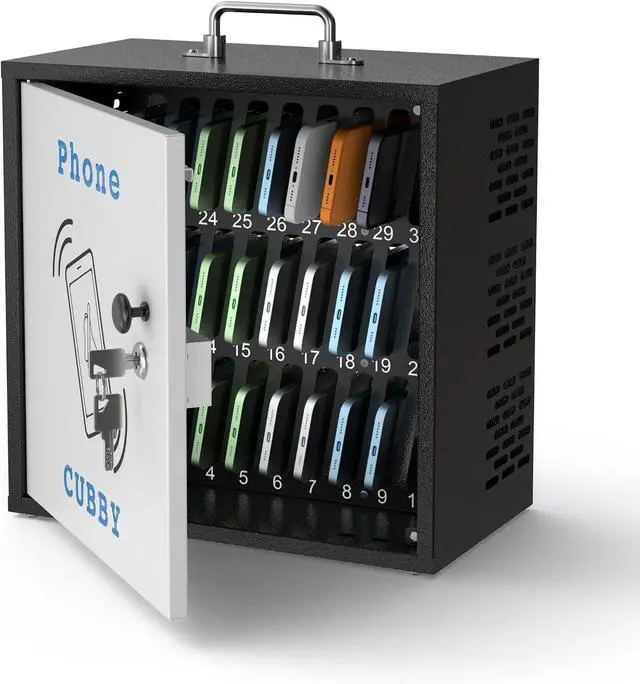 Main image of 30-Slot Metal Lockable Cell Phone Storage Cabinet, Fully Assembled | Steel Wall-Mounted Phone Box for Classroom and Office, Portable Cell Phone Cubby with Handle and Security Lock