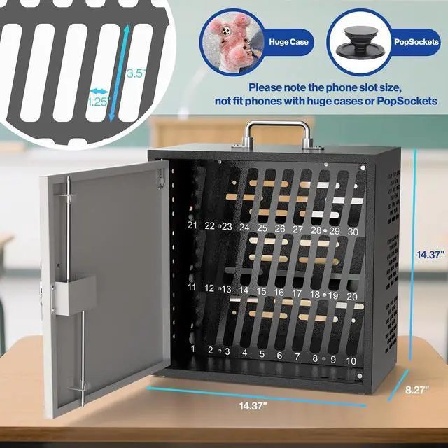 Alt view image 2 of 7 - 30-Slot Metal Lockable Cell Phone Storage Cabinet, Fully Assembled | Steel Wall-Mounted Phone Box for Classroom and Office, Portable Cell Phone Cubby with Handle and Security Lock