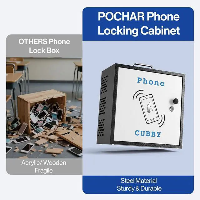 Alt view image 6 of 7 - 30-Slot Metal Lockable Cell Phone Storage Cabinet, Fully Assembled | Steel Wall-Mounted Phone Box for Classroom and Office, Portable Cell Phone Cubby with Handle and Security Lock