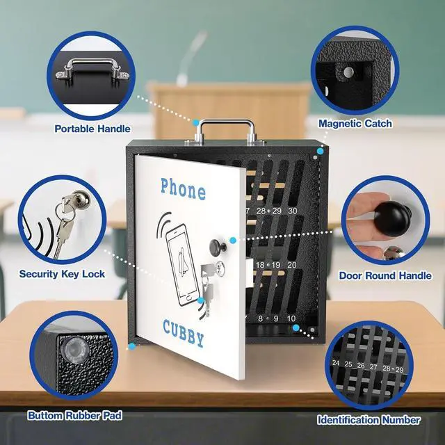 Alt view image 7 of 7 - 30-Slot Metal Lockable Cell Phone Storage Cabinet, Fully Assembled | Steel Wall-Mounted Phone Box for Classroom and Office, Portable Cell Phone Cubby with Handle and Security Lock