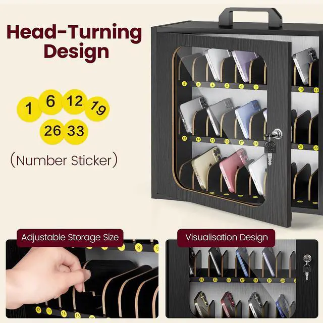 Alt view image 7 of 7 - Cell Phone Caddy for Classroom, Adjustable 33 Slots Phone Locker Box for School Home Office Management Easy Assembly Wooden Cellphone Storage Cabinet for Teacher