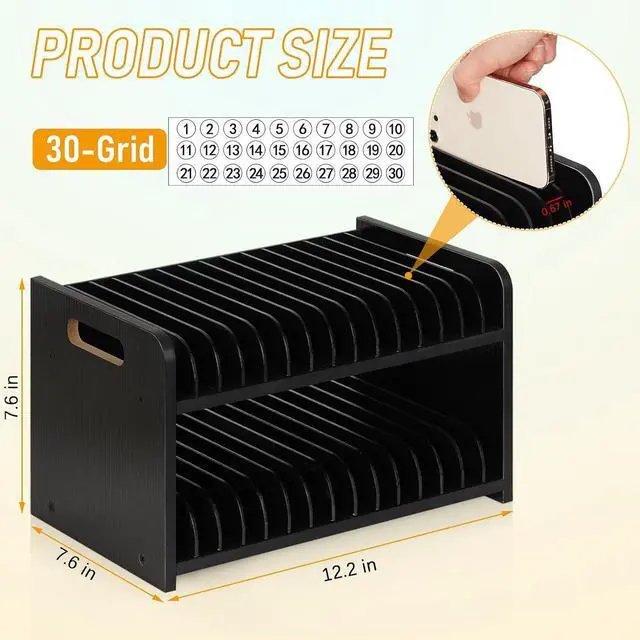 Alt view image 3 of 6 - 30-Grid Wooden Cell Phone Holder stand with 1-30 Number Stickers, Black | Cell Phone Storage, Adjustable Multiple Rack Caddy Organizer Box for Classroom Office Desktop