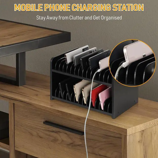 Alt view image 5 of 6 - 30-Grid Wooden Cell Phone Holder stand with 1-30 Number Stickers, Black | Cell Phone Storage, Adjustable Multiple Rack Caddy Organizer Box for Classroom Office Desktop