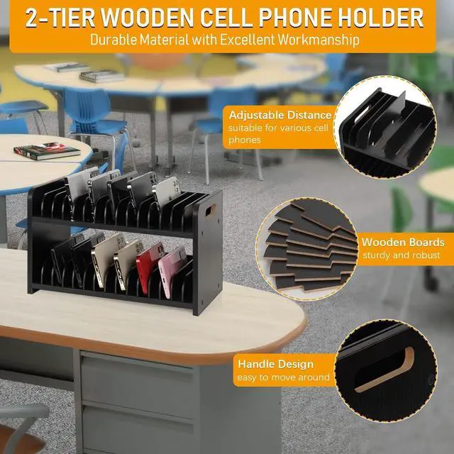Alt view image 4 of 6 - 30-Grid Wooden Cell Phone Holder stand with 1-30 Number Stickers, Black | Cell Phone Storage, Adjustable Multiple Rack Caddy Organizer Box for Classroom Office Desktop