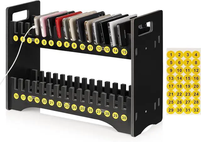 Main image of 30 Slots Cell Phone Holder Stand with 1-30 Number Stickers, Black | 2-Tier Multiple Cell Phone Stand RackPVC Board, Mobile Phone Holder Desktop Organizer for Classroom Office