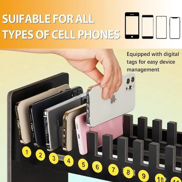 Alt view image 3 of 6 - 30 Slots Cell Phone Holder Stand with 1-30 Number Stickers, Black | 2-Tier Multiple Cell Phone Stand RackPVC Board, Mobile Phone Holder Desktop Organizer for Classroom Office