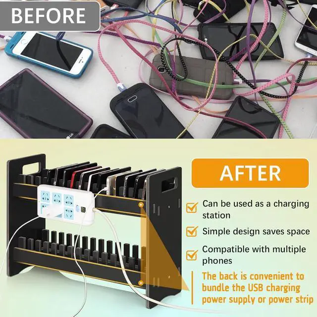 Alt view image 4 of 6 - 30 Slots Cell Phone Holder Stand with 1-30 Number Stickers, Black | 2-Tier Multiple Cell Phone Stand RackPVC Board, Mobile Phone Holder Desktop Organizer for Classroom Office