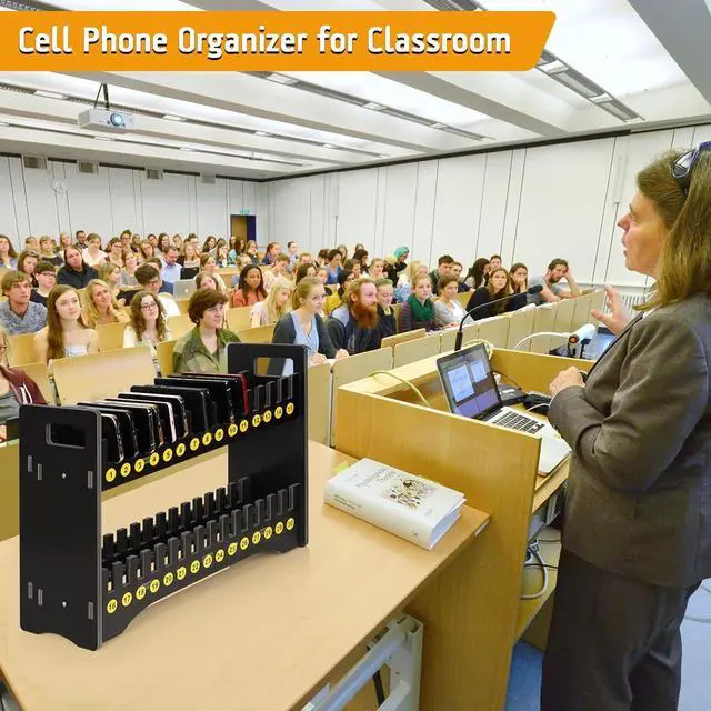 Alt view image 6 of 6 - 30 Slots Cell Phone Holder Stand with 1-30 Number Stickers, Black | 2-Tier Multiple Cell Phone Stand RackPVC Board, Mobile Phone Holder Desktop Organizer for Classroom Office