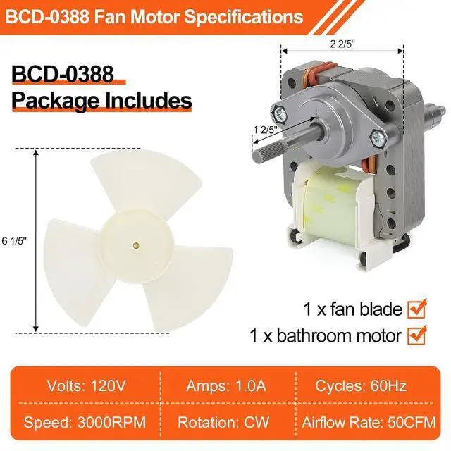 Alt view image 3 of 6 - BCD-0388 Mobile Home Bathroom Exhaust Fan Motor Replacement with Blade | 50 CFM Quiet 1.0 Sone Ceiling Vent Fan Motor, Fits V2244-50, V2245-50, V2262-50, Mobile Home Use