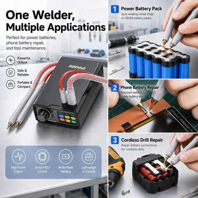 Alt view image 5 of 7 - 10000mAh Battery Spot Welder, Rotary Knob Operation 100 Gears Adjustable Foot Pedal Operated, 0.1-0.4mm Spot Welder with Dual Pulse Output, Portable Spot Welder for Making DIY Battery Packs | 10000mAh