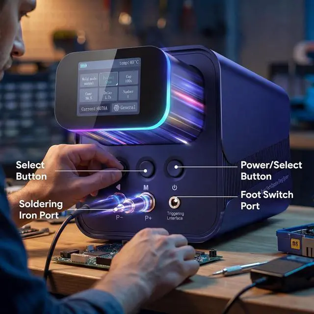 Alt view image 6 of 7 - 10.5 kW Capacitor Spot Welder for Battery Packs, 100-240V | Automatic and foot-pedal modes for compatible 18650, 21700 and LiFePO4 cells, includes nickel strip welding accessories