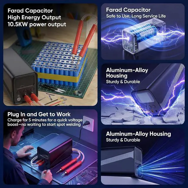Alt view image 5 of 7 - 10.5 kW Capacitor Spot Welder for Battery Packs, 100-240V | Automatic and foot-pedal modes for compatible 18650, 21700 and LiFePO4 cells, includes nickel strip welding accessories