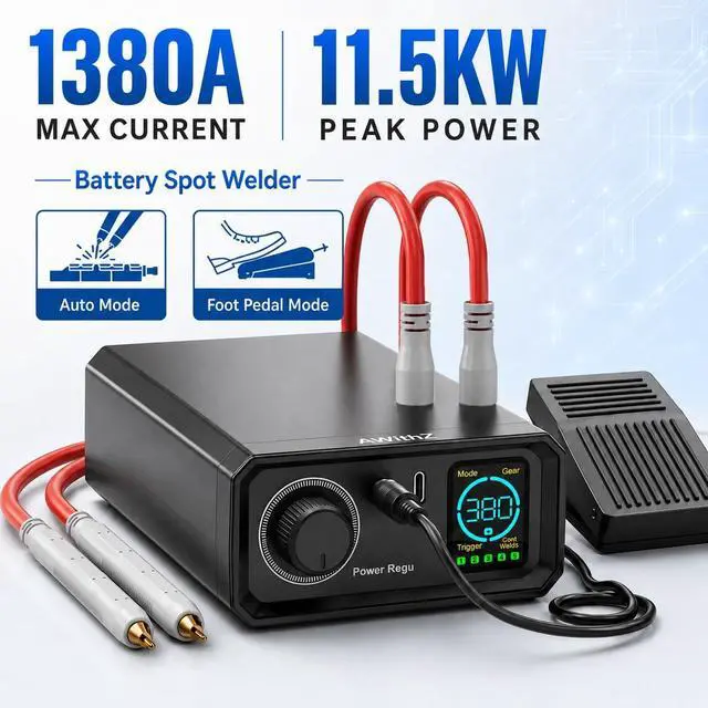 Alt view image 2 of 7 - 11500W Battery Spot Welder, Rotary Knob Operation 100 Gears Adjustable Foot Pedal Operated, 0.1-0.3mm Spot Welder with Dual Pulse Output, Portable Spot Welder for Making DIY Battery Packs
