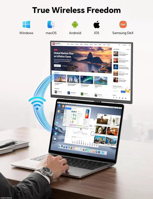 Alt view image 2 of 7 - 15.6" 1080P Wireless Travel Portable Monitor with Foldable Magnetic Stand | Support AirPlay Miracast,USB-C HDMI External Display w/Built-in Battery(4-5H),2nd Screen for Laptop MacBook PC Phone Tablet