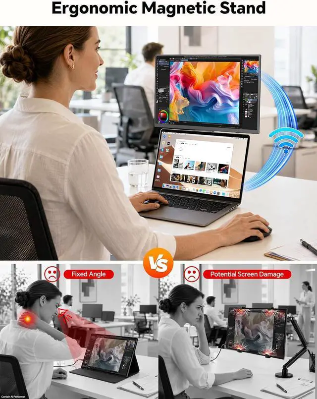 Alt view image 3 of 7 - 15.6" 1080P Wireless Travel Portable Monitor with Foldable Magnetic Stand | Support AirPlay Miracast,USB-C HDMI External Display w/Built-in Battery(4-5H),2nd Screen for Laptop MacBook PC Phone Tablet