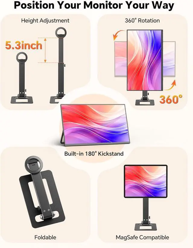 Alt view image 7 of 7 - 15.6" 1080P Wireless Travel Portable Monitor with Foldable Magnetic Stand | Support AirPlay Miracast,USB-C HDMI External Display w/Built-in Battery(4-5H),2nd Screen for Laptop MacBook PC Phone Tablet