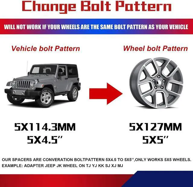 Alt view image 3 of 7 - 5x4.5 to 5x5 Wheel Adapters Conversion Compatible with JK XK WK WJ Wheels on Tj Yj Kk Xj Mj Kj Zj Vehicle, 1.25 inch 5x114.3mm to 5x127mm Forged Wheel Adapter with 1/2-20 Studs & 71.5mm Bore