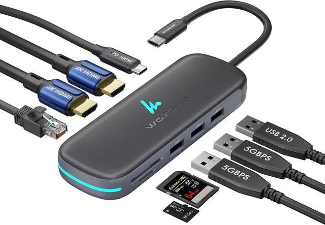 Main image of Type C 9 in 1 Docking Station with 2XUSB 5Gbps, 2X4K HDMI, Gigabit Ethernet, SD & TF Card Reader, PD 100W, USB 2.0, USB-C Hub, Compatible with Thunderbolt 4, macOS, Windows, Android & iOS