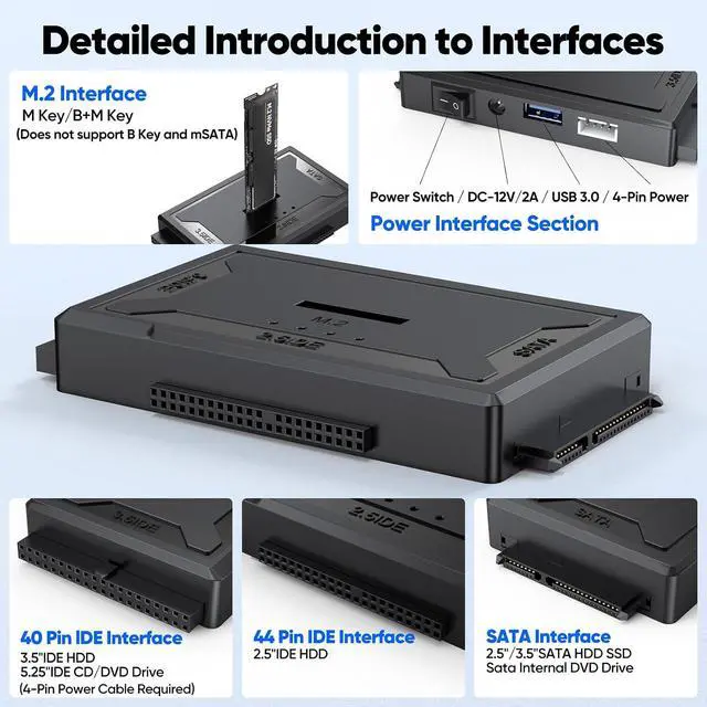 Alt view image 4 of 7 - Hard Drive Reader 4-in-1, M.2 SATA IDE to USB Dock Ultra Data Retrieval Kit | 10Gbps NVME Docking Station, with 12V/2A Power Adapter for Internal M.2 2.5" 3.5" PATA HDD SSD Blu-ray Drive Computer