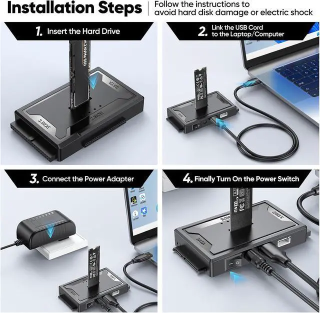 Alt view image 7 of 7 - Hard Drive Reader 4-in-1, M.2 SATA IDE to USB Dock Ultra Data Retrieval Kit | 10Gbps NVME Docking Station, with 12V/2A Power Adapter for Internal M.2 2.5" 3.5" PATA HDD SSD Blu-ray Drive Computer