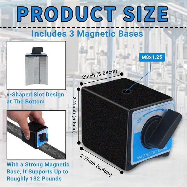 Alt view image 2 of 7 - 3 Pcs 8T Magnetic Base Holder Bed On/Off Switch, M8 x 1.25 Tapped Hole, 132 Lbs Holding Power, 2.7 x 2.2 x 2 Inch, Switchable Base Stand, Adjustment Arm, for Indicator Usage