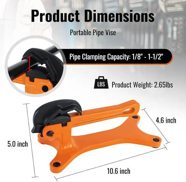 Alt view image 2 of 6 - Portable Pipe Vise, Aluminum Lightweight Portable Pipe Vise for 1/8" to 1-1/2" Pipes, Non Slip Clamp Jaw with Serrated, Ideal for Plumbing Operations (Orange)