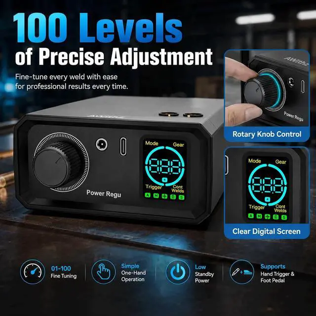 Alt view image 3 of 7 - 11500W Battery Spot Welder, Rotary Knob Operation 100 Gears Adjustable Foot Pedal Operated, 0.1-0.3mm Spot Welder with Dual Pulse Output, Portable Spot Welder for Making DIY Battery Packs