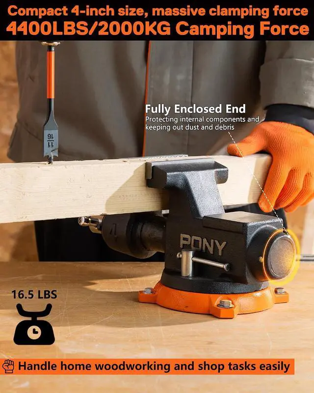 Alt view image 2 of 7 - 4 Inch Heavy Duty Bench Vise, 4400LBS Clamping Force Pro Workshop Vise | Vice for Workbench with 360° Rotatable Base and Anvil, 4-inch Jaw Width and Opening for Woodworking, Drilling, Pipe Cutting