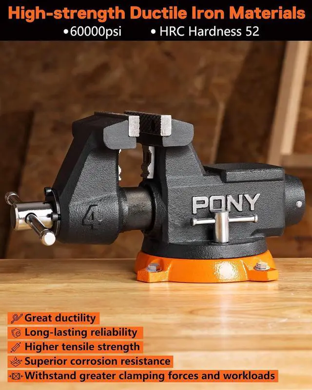 Alt view image 3 of 7 - 4 Inch Heavy Duty Bench Vise, 4400LBS Clamping Force Pro Workshop Vise | Vice for Workbench with 360° Rotatable Base and Anvil, 4-inch Jaw Width and Opening for Woodworking, Drilling, Pipe Cutting