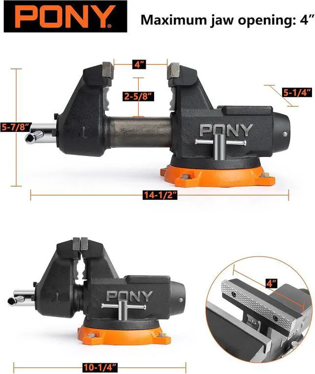 Alt view image 6 of 7 - 4 Inch Heavy Duty Bench Vise, 4400LBS Clamping Force Pro Workshop Vise | Vice for Workbench with 360° Rotatable Base and Anvil, 4-inch Jaw Width and Opening for Woodworking, Drilling, Pipe Cutting
