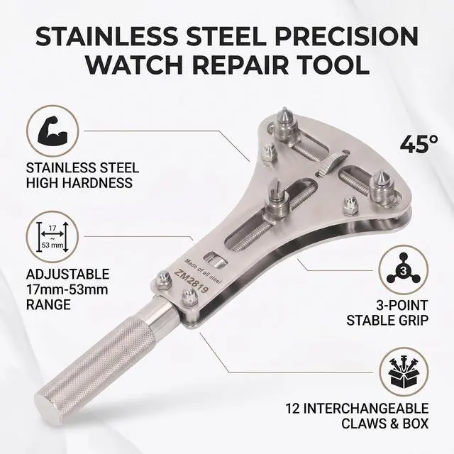 Alt view image 3 of 7 - 3 Point Watch Case Opener Tool, Stainless Steel Back Case and Battery Cover Remover with Precision Movement Holder for Watchmakers, Hobbyists and Jewelry Repair
