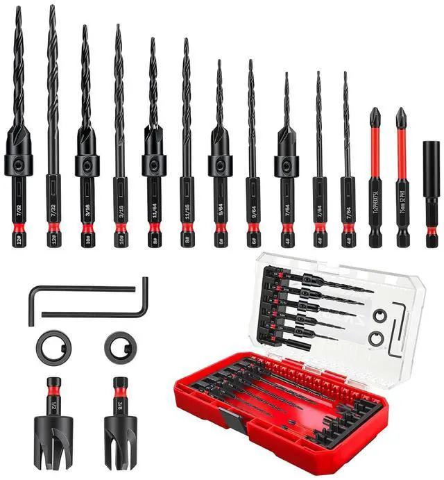 Main image of 20PCS Countersink Drill Bit Set, Tapered Drill Bits Counter Sink Drill Bit | with 1/4" Hex Shank,Wood Plug Cutter Adjustable Stop Rings, #4, #6, #8, #10, #12, M2 HSS Counter Sink Bits for Woodworking