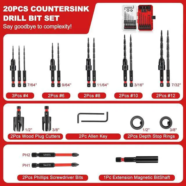 Alt view image 2 of 7 - 20PCS Countersink Drill Bit Set, Tapered Drill Bits Counter Sink Drill Bit | with 1/4" Hex Shank,Wood Plug Cutter Adjustable Stop Rings, #4, #6, #8, #10, #12, M2 HSS Counter Sink Bits for Woodworking