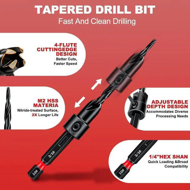 Alt view image 4 of 7 - 20PCS Countersink Drill Bit Set, Tapered Drill Bits Counter Sink Drill Bit | with 1/4" Hex Shank,Wood Plug Cutter Adjustable Stop Rings, #4, #6, #8, #10, #12, M2 HSS Counter Sink Bits for Woodworking