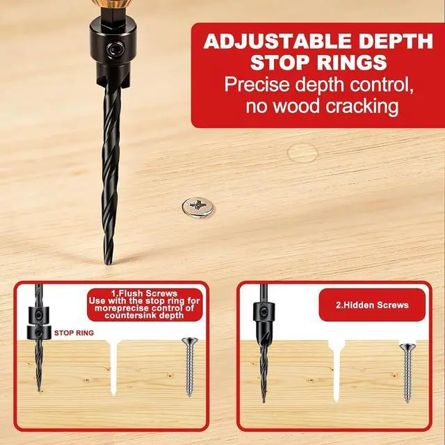 Alt view image 6 of 7 - 20PCS Countersink Drill Bit Set, Tapered Drill Bits Counter Sink Drill Bit | with 1/4" Hex Shank,Wood Plug Cutter Adjustable Stop Rings, #4, #6, #8, #10, #12, M2 HSS Counter Sink Bits for Woodworking