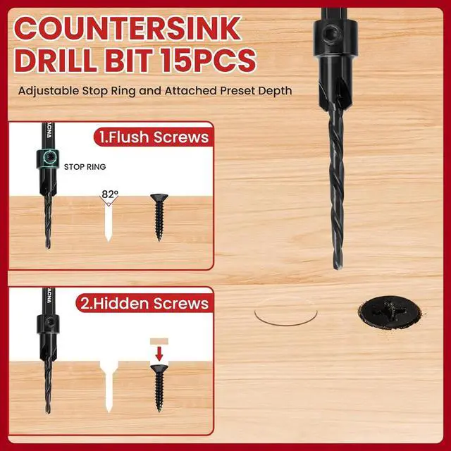 Alt view image 3 of 7 - Countersink Drill Bit Set for Wood, 15-Piece HSS with Plug Cutters | FULL SIZE RANGE: Tapered HSS bits in #4, #6, #8, #10 & #12, depth stop rings, extension shaft, 1/4" hex shank & storage case.