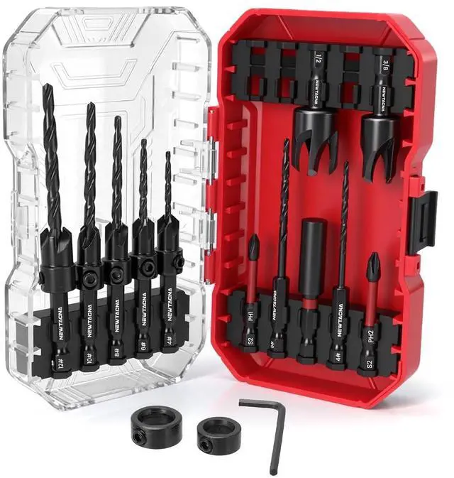 Main image of Countersink Drill Bit Set for Wood, 15-Piece HSS with Plug Cutters | FULL SIZE RANGE: Tapered HSS bits in #4, #6, #8, #10 & #12, depth stop rings, extension shaft, 1/4" hex shank & storage case.