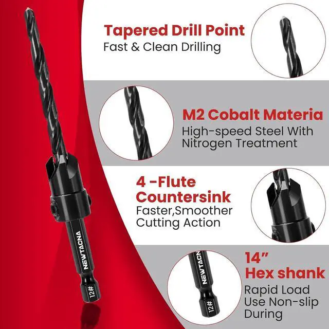 Alt view image 2 of 7 - Countersink Drill Bit Set for Wood, 15-Piece HSS with Plug Cutters | FULL SIZE RANGE: Tapered HSS bits in #4, #6, #8, #10 & #12, depth stop rings, extension shaft, 1/4" hex shank & storage case.