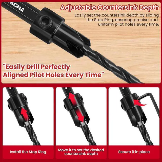 Alt view image 4 of 7 - Countersink Drill Bit Set for Wood, 15-Piece HSS with Plug Cutters | FULL SIZE RANGE: Tapered HSS bits in #4, #6, #8, #10 & #12, depth stop rings, extension shaft, 1/4" hex shank & storage case.