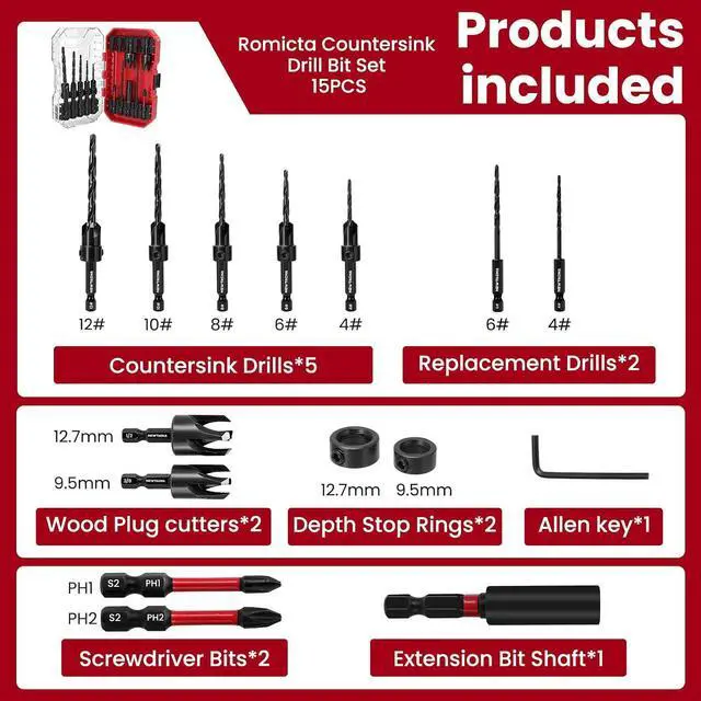 Alt view image 5 of 7 - Countersink Drill Bit Set for Wood, 15-Piece HSS with Plug Cutters | FULL SIZE RANGE: Tapered HSS bits in #4, #6, #8, #10 & #12, depth stop rings, extension shaft, 1/4" hex shank & storage case.
