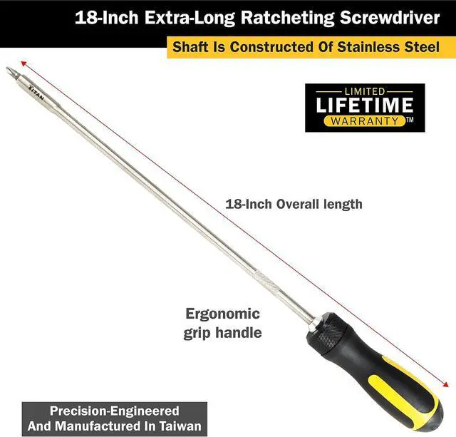 Alt view image 2 of 6 - 12218 18-Inch Extra Long High-Torque Ratcheting Bit Driver, Ratcheting Screwdriver Set Includes (10) Bits and Magnetic Bit Holder, Stainless Steel Shaft & S2 Steel Bits