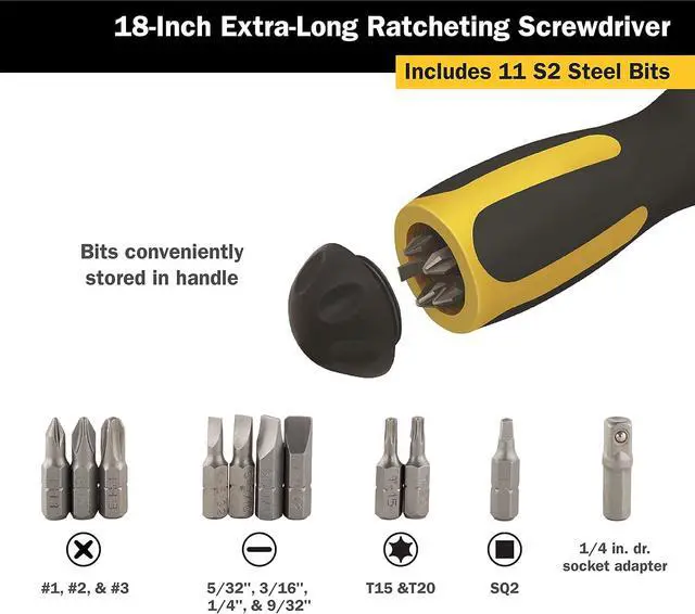 Alt view image 3 of 6 - 12218 18-Inch Extra Long High-Torque Ratcheting Bit Driver, Ratcheting Screwdriver Set Includes (10) Bits and Magnetic Bit Holder, Stainless Steel Shaft & S2 Steel Bits