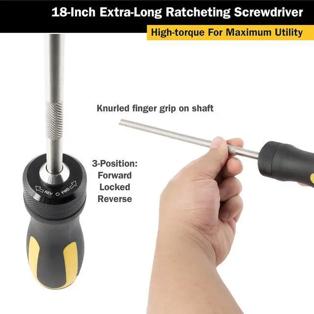 Alt view image 4 of 6 - 12218 18-Inch Extra Long High-Torque Ratcheting Bit Driver, Ratcheting Screwdriver Set Includes (10) Bits and Magnetic Bit Holder, Stainless Steel Shaft & S2 Steel Bits