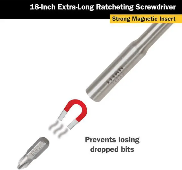 Alt view image 5 of 6 - 12218 18-Inch Extra Long High-Torque Ratcheting Bit Driver, Ratcheting Screwdriver Set Includes (10) Bits and Magnetic Bit Holder, Stainless Steel Shaft & S2 Steel Bits